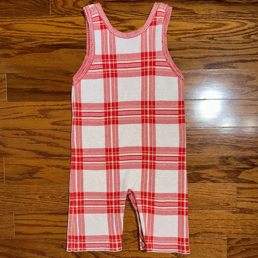The Animals Observatory Red Plaid Boar Baby Cotton Blend Jumpsuit Size 18M